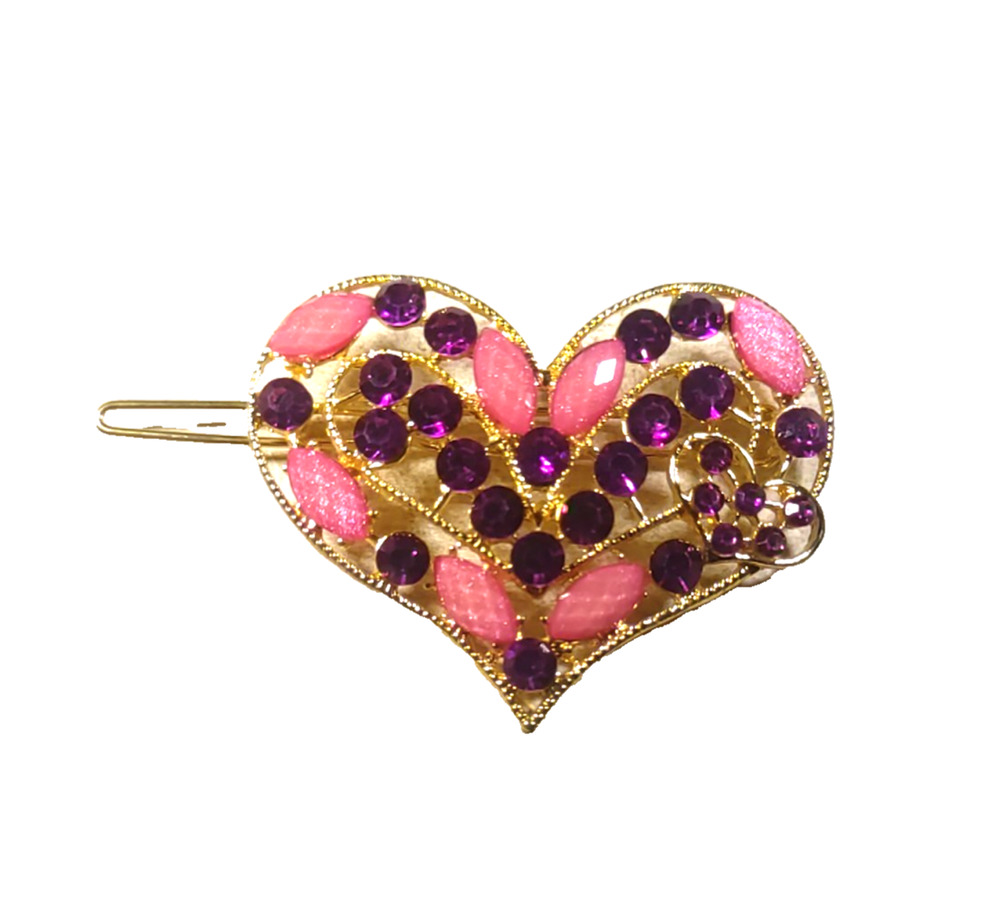 Hair Barrette Heart Pink Purple Rhinestone Gold Tone